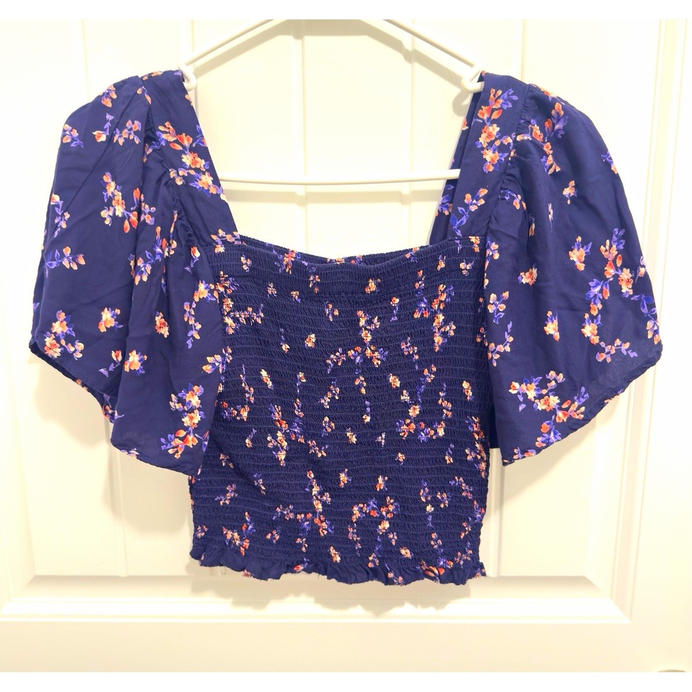 Japna Women's Blue Floral Smocked Square Neck Puff Sleeve Crop Top Size S